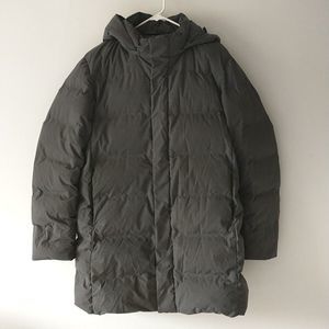 Uniqlo Men Puffer Jacket Down L Gray Water Repellen Removabl Hood Full Zip*STAIN